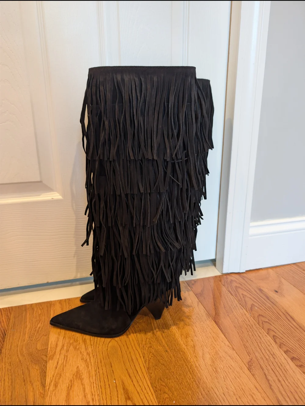NIB Michael Kors Jayla Fringed Suede Tall Boots Black 8M Pointed Toe Cone Heel